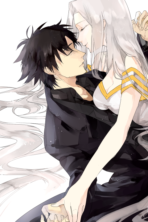 1girl, black_hair, breasts, cleavage, couple, dress, emiya_kiritsugu, fate/zero, fate_(series), husband_and_wife, irisviel_von_einzbern, long_hair, mochida64, white_hair