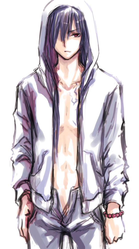 1boy, abs, bangs, blue_hair, bracelet, casual, d.gray-man, hair_down