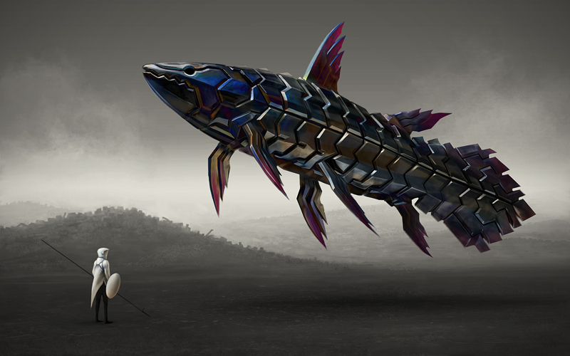 coelacanth, epic, fantasy, fish, floating, flying, ka92, mecha