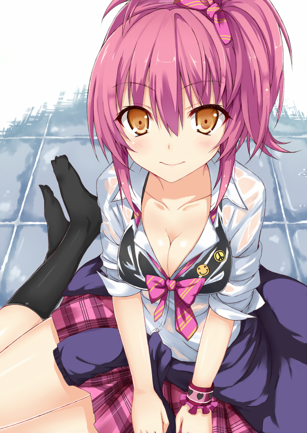 black_legwear, blush, bow, breasts, brown_eyes, cleavage, feet, hair_bow