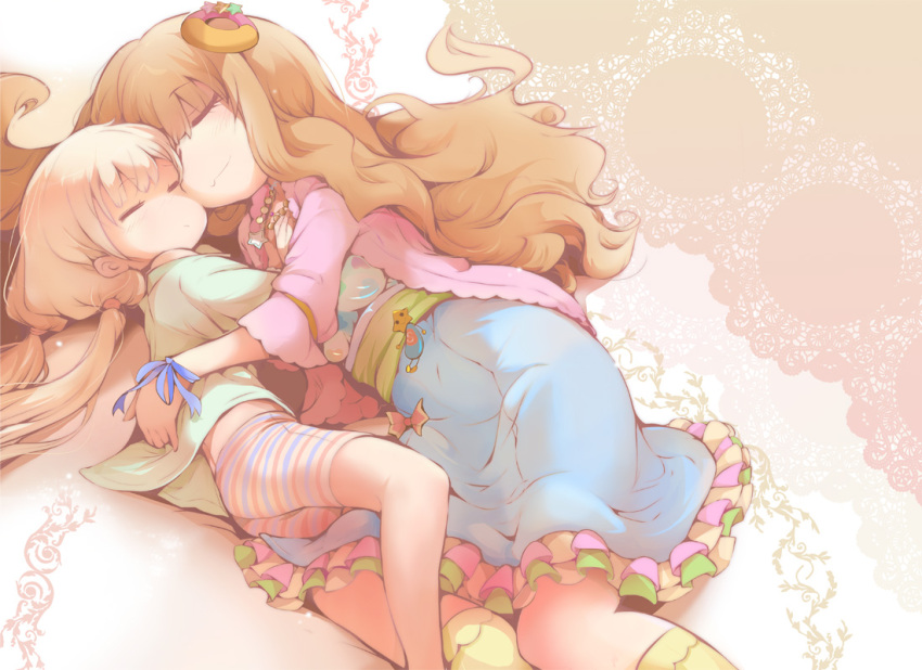 :3, =_=, bike_shorts, blonde_hair, bow, brown_hair, cheek-to-cheek, closed_eyes