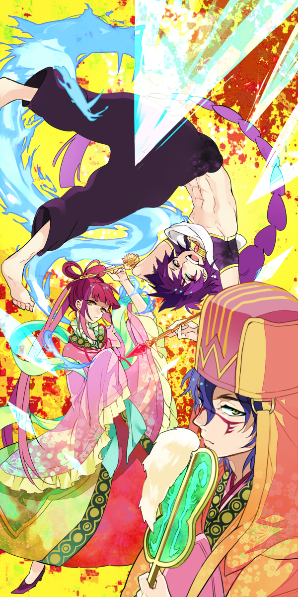 2boys, barefoot, blue_hair, braid, chinese_clothes, fan, hair_ornament, hair_rings