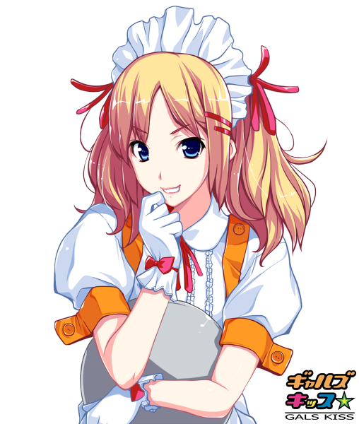 blonde_hair, blue_eyes, character_request, circle_hitori, gals_kiss, gloves, grin, hair_ornament