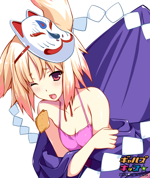 bare_shoulders, blonde_hair, breasts, character_request, circle_hitori, cleavage, erect_nipples, fang