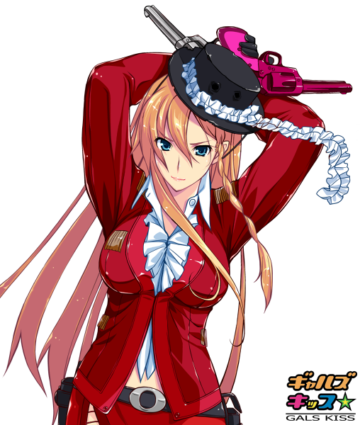 arms_behind_head, belt, blue_eyes, braid, character_request, circle_hitori, dual_wielding, gals_kiss