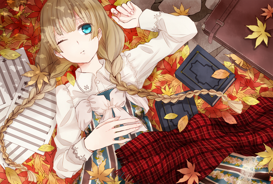 blue_eyes, book, braid, brown_hair, leaf, long_hair, long_sleeves, lying