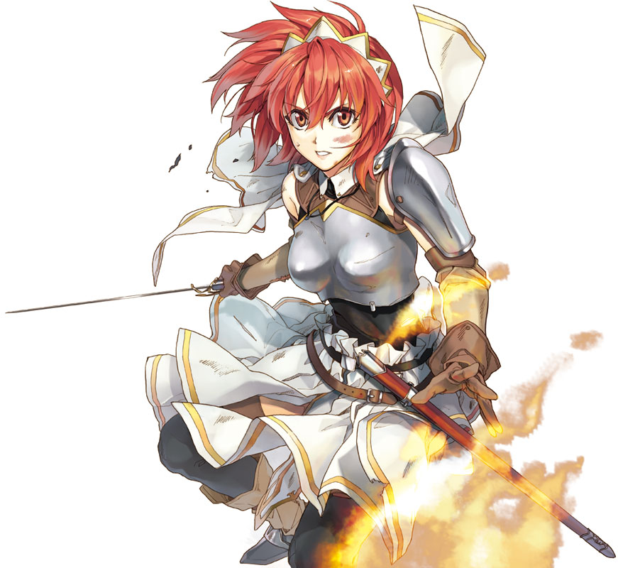 black_legwear, breastplate, cecily_cambell, fire, gloves, long_hair, looking_at_viewer, pantyhose