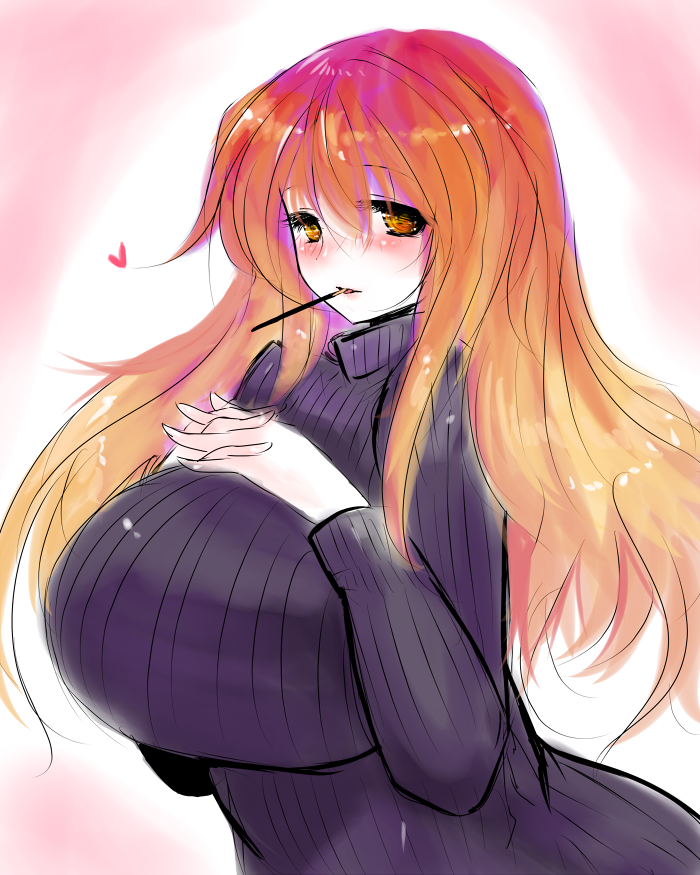 blush, breast_suppress, breasts, brown_eyes, brown_hair, food_in_mouth, gradient_hair, han_(jackpot)