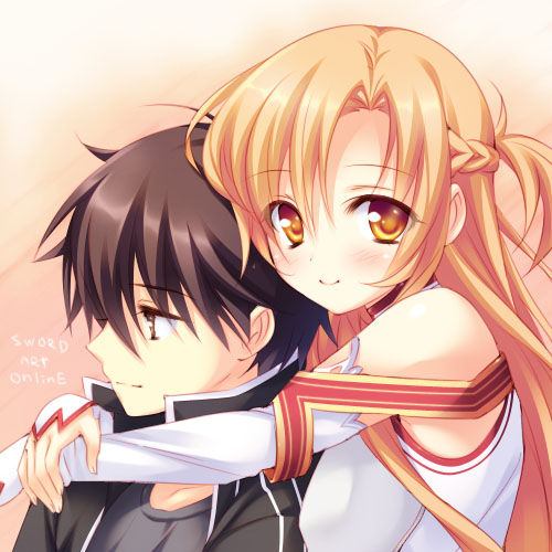 1girl, asuna_(sao), black_eyes, black_hair, breastplate, brown_eyes, brown_hair, couple