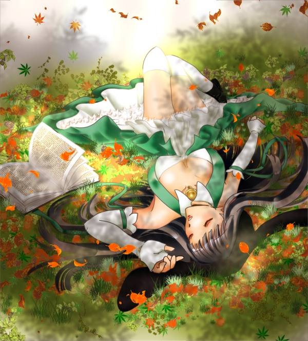 black_hair, book, closed_eyes, elbow_gloves, eyes_closed, fingerless_gloves, gloves, grass