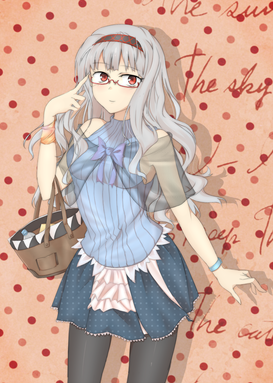 adjusting_glasses, bag, bespectacled, black_legwear, cursive, english, glasses, grey_hair