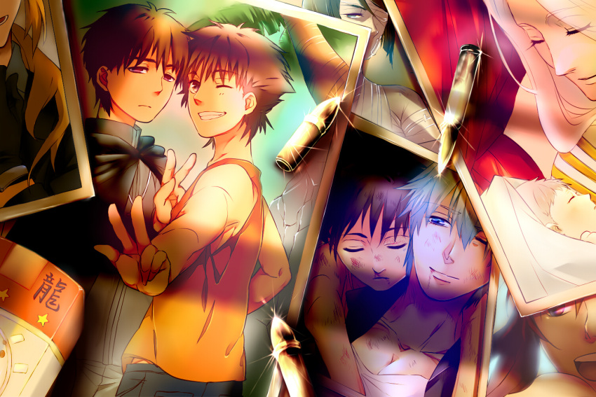 black_eyes, black_hair, blonde_hair, blood, blue_eyes, blue_hair, brown_eyes, brown_hair