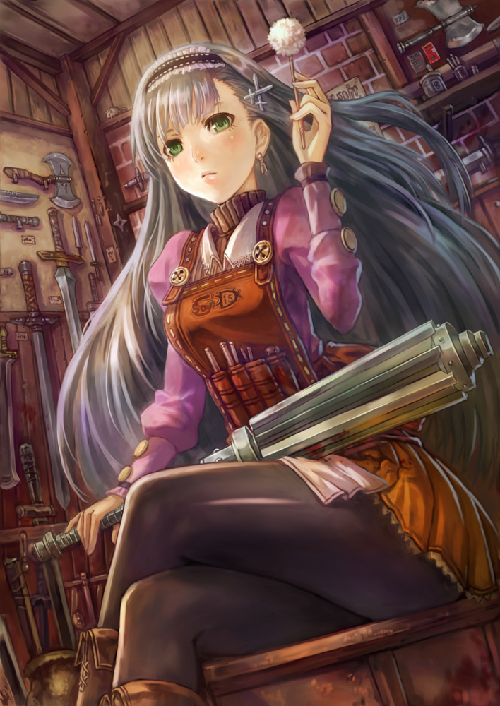 apron, axe, black_legwear, boots, crossed_legs, docoi, dutch_angle, earrings