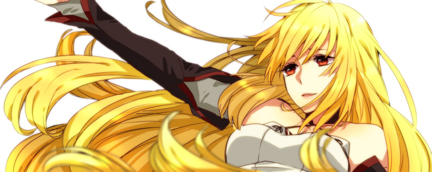 75, arm_up, blonde_hair, long_hair, milla_(tales_of_xillia_2), milla_maxwell, red_eyes, smile, solo, tales_of_(series), tales_of_xillia, tales_of_xillia_2, white_background