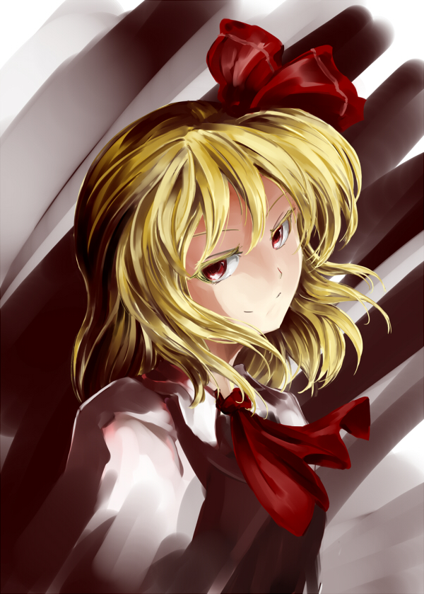 ascot, blonde_hair, f_kz, hair_ribbon, looking_at_viewer, red_eyes, ribbon, rumia