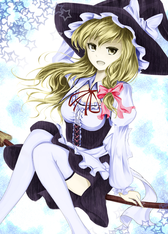 blonde_hair, braid, broom, broom_riding, f_kz, hat, kirisame_marisa, long_hair