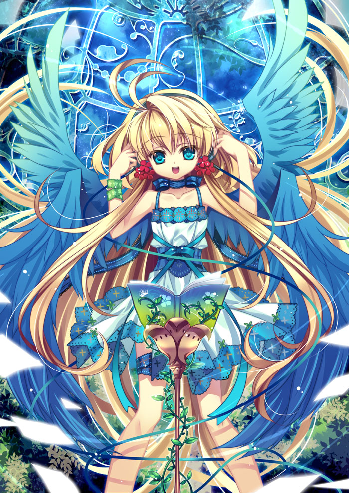 blue_eyes, cable, capura.l, capura_lin, dress, flat_chest, flower, headphones, loli, long_hair, original, ribbon, solo, very_long_hair, wings