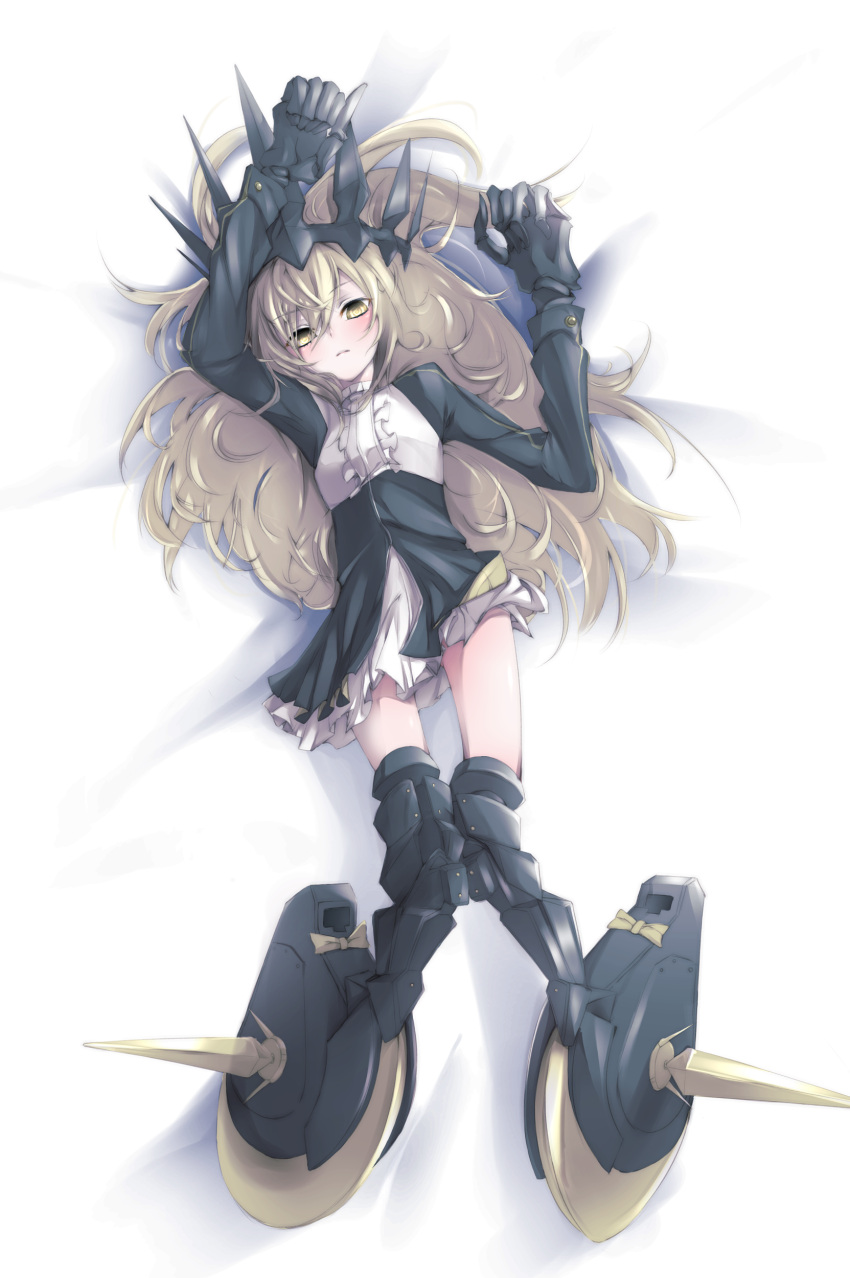 absurdres, arms_up, black_legwear, black_rock_shooter, blonde_hair, blush, chariot_(black_rock_shooter), gauntlets