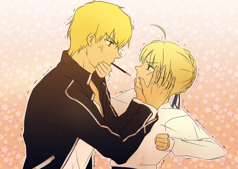 1girl, ahoge, anger_vein, blonde_hair, fate/stay_night, fate/zero, fate_(series), feesh, gilgamesh, green_eyes, mouth_hold, pocky, pocky_kiss, red_eyes, saber, shared_food, short_hair