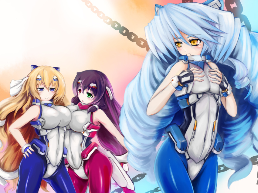 :<, aoi_kimi, asama_tomo, asymmetrical_docking, bare_shoulders, blonde_hair, blush, bodysuit, breast_envy, breast_press, breasts, chain, chains, clothed_navel, fingerless_gloves, flat_chest, gloves, green_eyes, hair_ornament, hair_tubes, hands_on_own_chest, heterochromia, highres, kyoukai_senjou_no_horizon, large_breasts, long_hair, multiple_girls, neito_mitotsudaira, open_mouth, pantyhose, purple_eyes, purple_hair, red_eyes, seisetu, silver_hair, sleeveless, smile, very_long_hair, violet_eyes, yellow_eyes