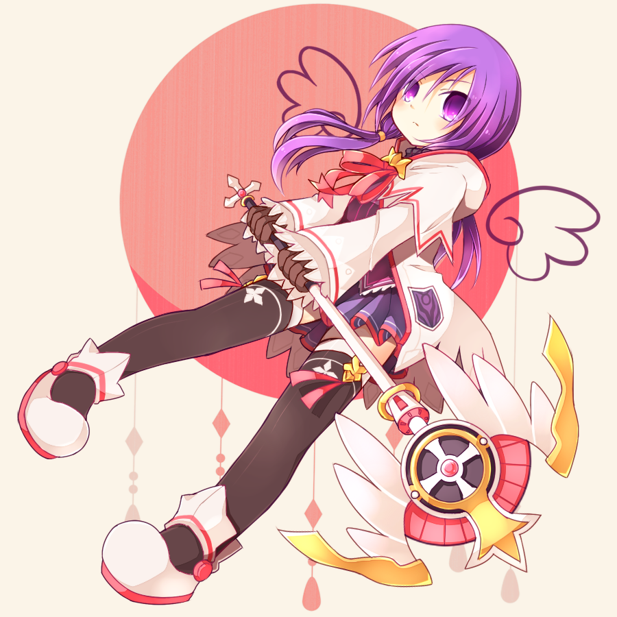 aisha_(elsword), black_legwear, coat, dress, elsword, gloves, long_hair, purple_dress