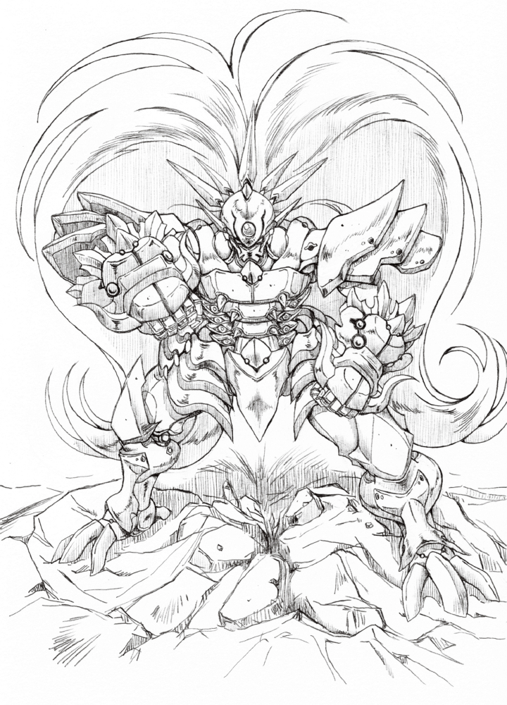 clenched_hands, ialdabaoth, kesuida, long_hair, mecha, monochrome, no_humans, solo