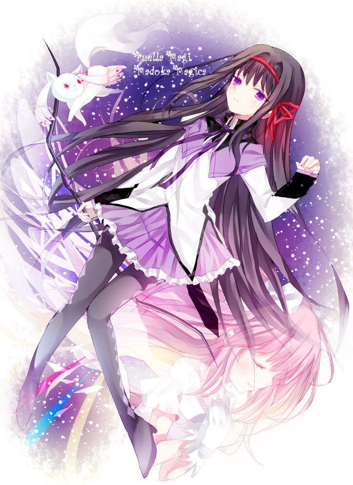 akemi_homura, black_hair, black_legwear, blush, bow_(weapon), closed_eyes, eyes_closed, hair_ribbon