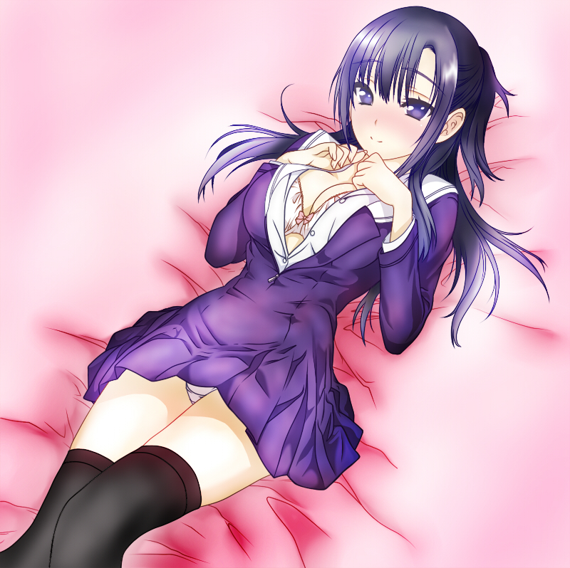 blush, bra, breast_suppress, breasts, cleavage, half_updo, inushi, koisome_momiji