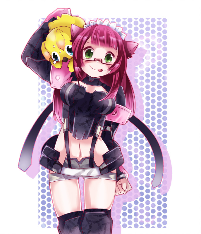 :p, animal_ears, breasts, cat_ears, glasses, green_eyes, hunter_(phantasy_star_online_2), looking_at_viewer