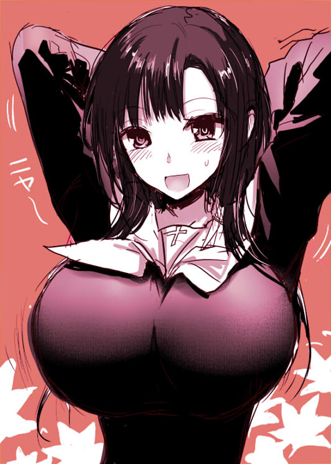 arms_up, bangs, breasts, brown_hair, huge_breasts, koisome_momiji, leaf, leaf_background, long_hair, maple_leaf, monochrome, open_mouth, parted_bangs, piaisai, shinomiya_sana, smile
