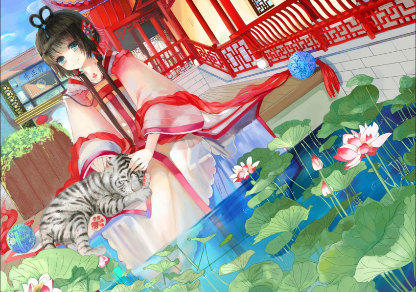 black_hair, blue_eyes, building, chinese_clothes, east_asian_architecture, flower, hair_rings, hanfu, long_hair, lotus, luo_tianyi, object_spring, sleeping, smile, tiger, traditional_clothes, vocaloid, vocaloid_china, white_tiger