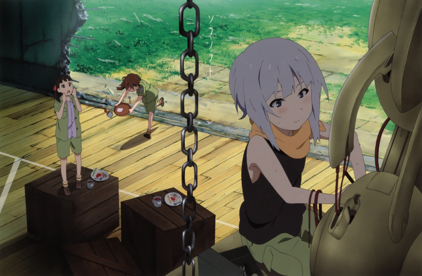 3girls, absurdres, black_hair, blush, brown_eyes, brown_hair, cable, chain, chains, crate, food, fork, highres, kannagi_noel, military, military_uniform, multiple_girls, official_art, open_mouth, overfiltered, purple_eyes, sandwich, scarf, silver_hair, sleeveless, sora_no_woto, sorami_kanata, suminoya_kureha, takemikazuchi, uniform, violet_eyes, wire, wrench