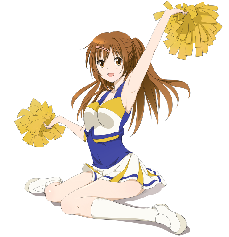 :d, arm_up, armpits, blush, breasts, brown_eyes, brown_hair, cheerleader