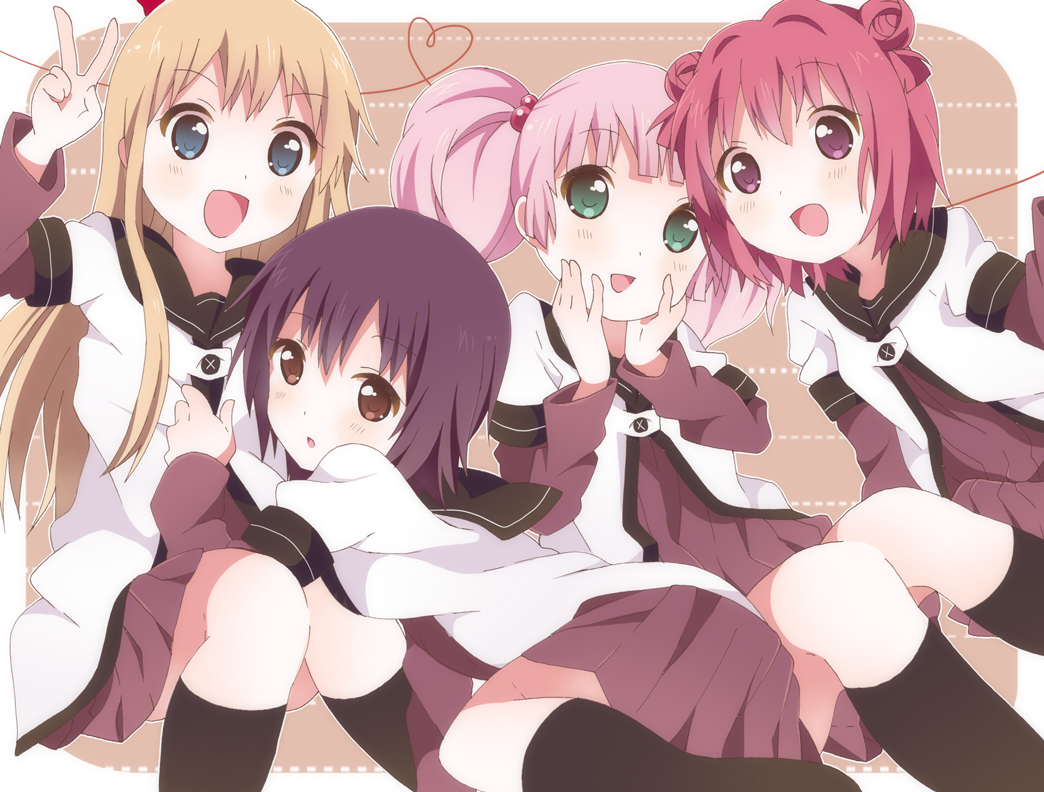 :d, akaza_akari, aqua_eyes, black_hair, black_legwear, blonde_hair, blue_eyes, bow