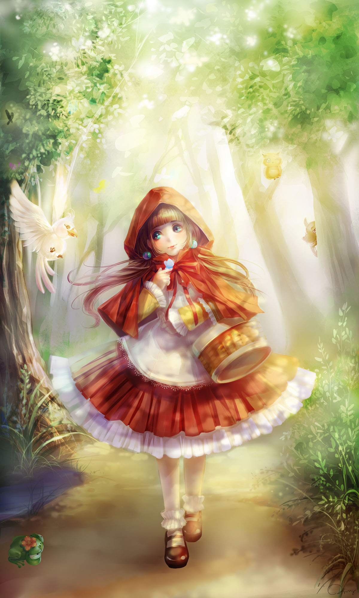 basket, big_bad_wolf_(grimm), bird, blue_eyes, brown_hair, forest, frog, grimm's_fairy_tales