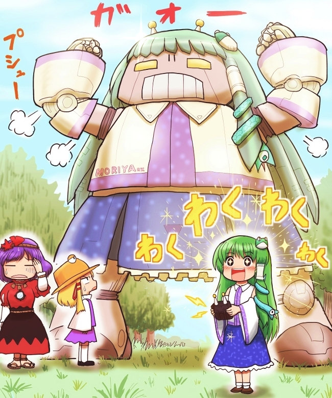 3girls, antennae, blonde_hair, blue_hair, blush, detached_sleeves, frog, grass