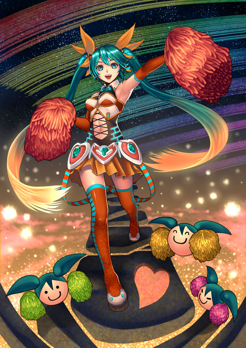 absurdres, aqua_eyes, aqua_hair, armpits, center_opening, cheerleader, gradient_hair, hair_ornament