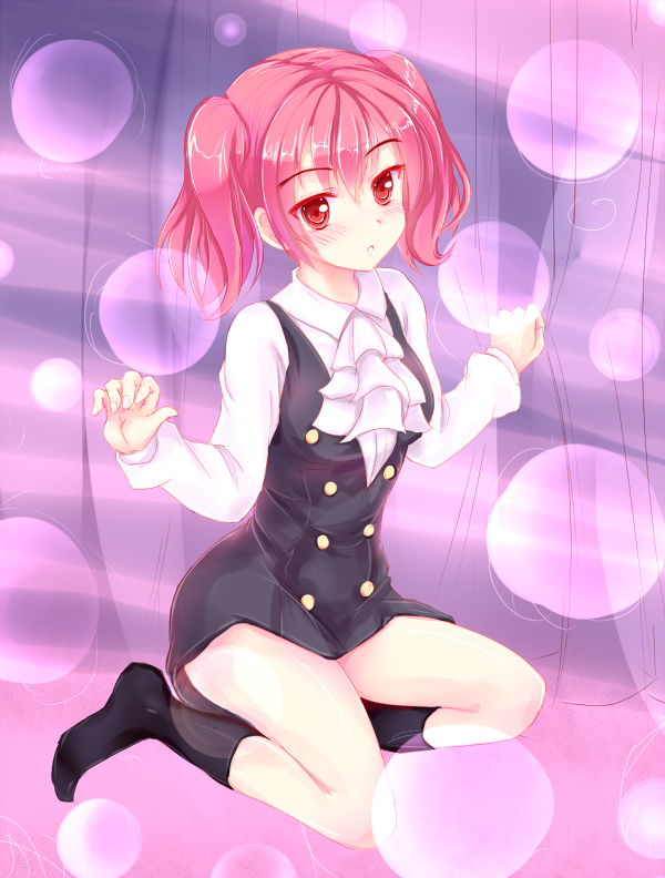 1girl, :<, blush, curtains, inu_x_boku_ss, minazuki_(jo), pink_hair, red_eyes