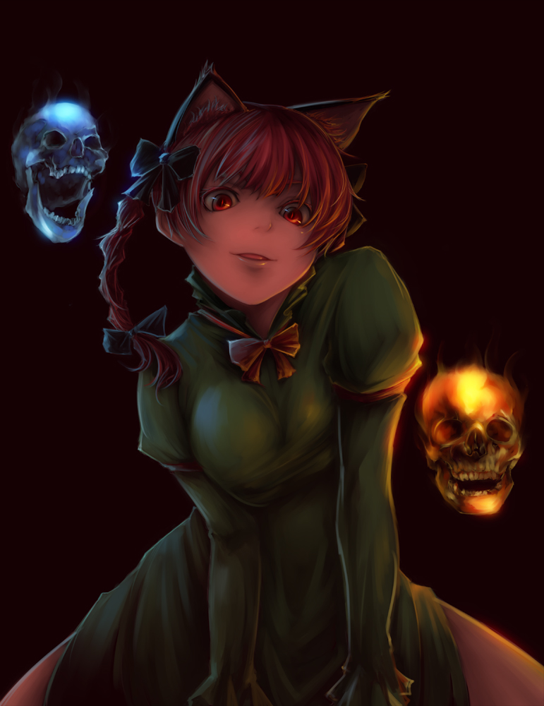 animal_ears, blue_fire, bow, braid, cat_ears, dress, fire, hair_bow