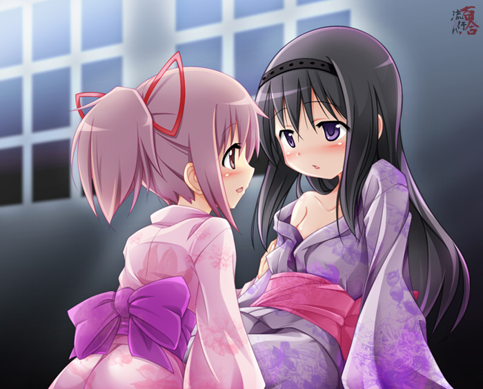 akemi_homura, black_hair, blush, collarbone, commentary_request, eye_contact, hairband, japanese_clothes, kaname_madoka, kimono, lilyl0ve, long_hair, looking_at_another, mahou_shoujo_madoka_magica, multiple_girls, mutual_yuri, off_shoulder, pink_eyes, pink_hair, purple_eyes, twintails, violet_eyes, yuri