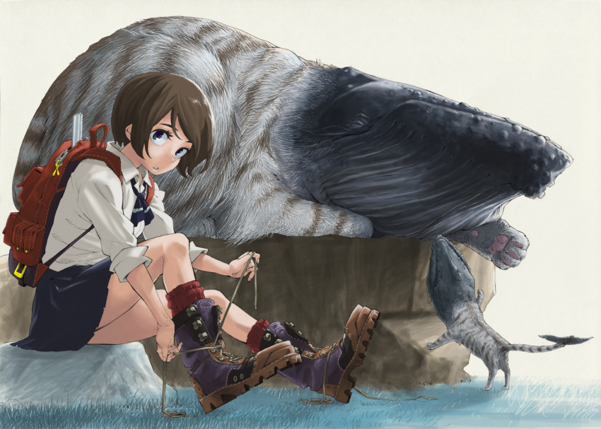 backpack, bag, boots, brown_eyes, brown_hair, cat, fusion, horikoshi