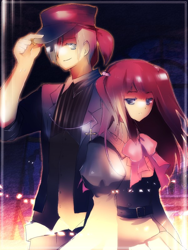 bad_id, blue_eyes, bowtie, confeitoo, cross, hair_bobbles, hair_ornament, hat