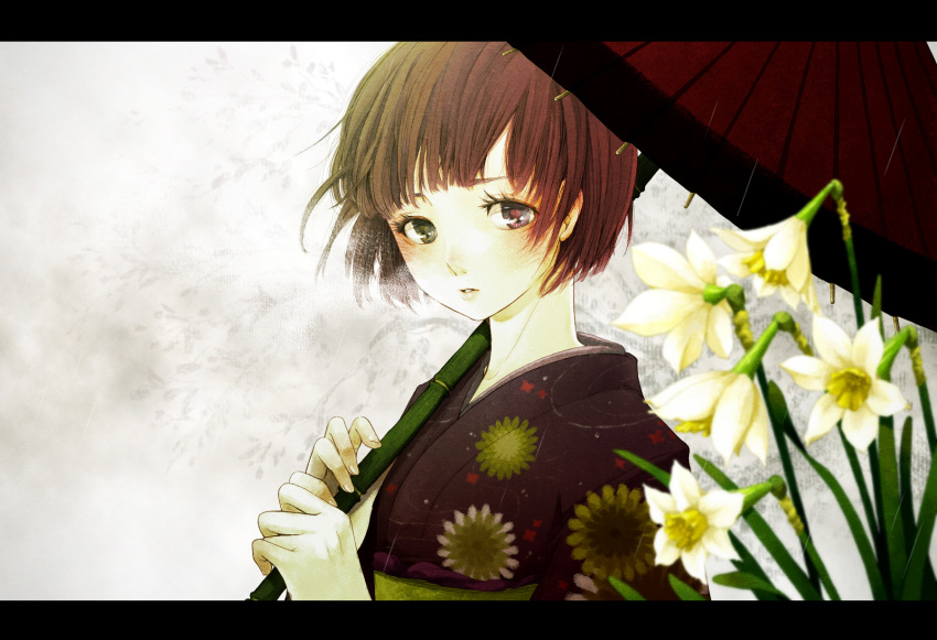 blue_eyes, brown_hair, flower, green_eyes, heterochromia, highres, japanese_clothes, kimono, letterboxed, original, puna_nezuki, rain, short_hair, solo, umbrella