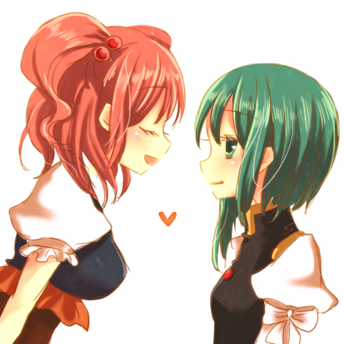 eyes_closed, green_eyes, green_hair, hair_bobbles, hair_ornament, heart, kinokobatake, multiple_girls