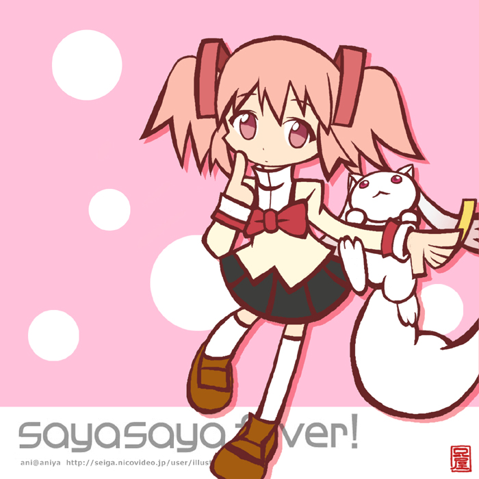ani_(aniya), hair_ribbon, kaname_madoka, kyubey, mahou_shoujo_madoka_magica, parody, pink_eyes, pink_hair