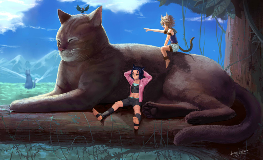 animal, animal_ears, bird, blonde_hair, blue_eyes, brown_eyes, cat, cat_ears