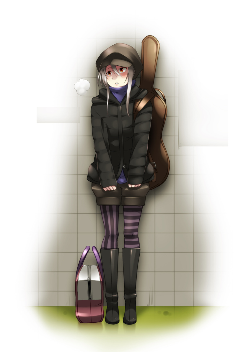 breath, cabbie_hat, caffein, cold, guitar, guitar_case, hat, highres
