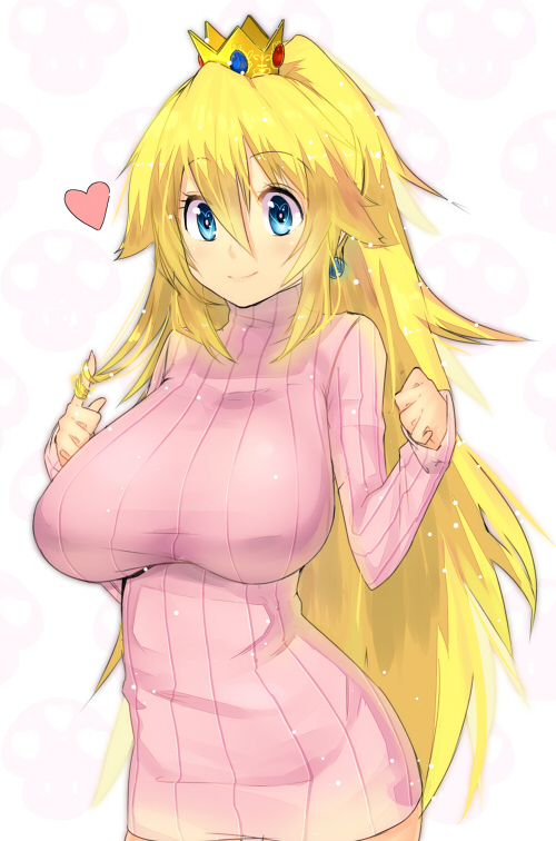 blonde_hair, blue_eyes, breasts, crown, earrings, finger_twirl, hair_twirling, heart, huge_breasts, impossible_clothes, impossible_sweater, jewelry, long_hair, magister_(bigbakunyuu), nintendo, playing_with_hair, princess_peach, ribbed_sweater, ribbed_turtleneck_sweater, smile, solo, sparkle, super_mario_bros., sweater, sweater_dress, turtleneck, turtleneck_sweater
