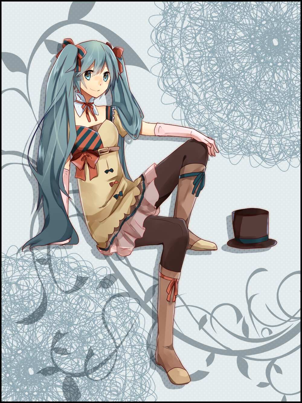 1girl, aqua_eyes, aqua_hair, boots, ennui_heiwa_miku, hair_ribbon, hanagerian, hat