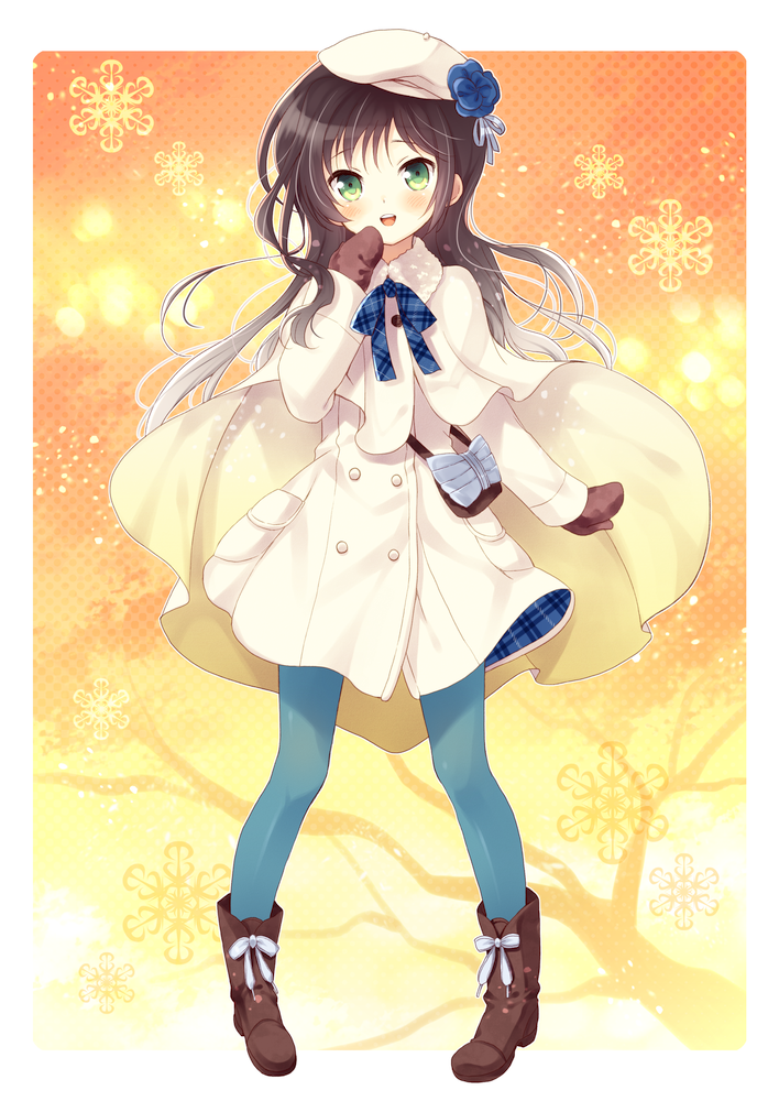 :d, aqua_legwear, black_hair, blue_legwear, blush, boots, brown_hair, cape